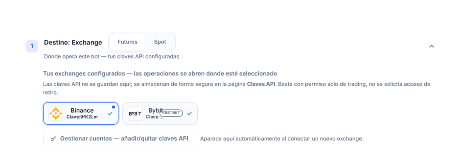 Sección Destino: Exchange tras conectar la clave API: selector Futures/Spot, tarjeta de Binance seleccionada con borde azul, tarjeta de Bybit con insignia TESTNET y enlace Administrar cuentas