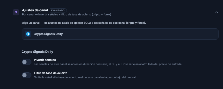 Acordeón Ajustes del canal: fila del canal seleccionado con borde y debajo los interruptores Invertir señales y Filtro de tasa de acierto