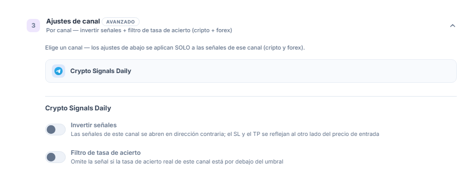 Acordeón Ajustes del canal: fila del canal seleccionado con borde y debajo los interruptores Invertir señales y Filtro de tasa de acierto
