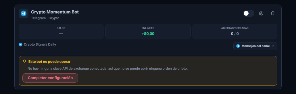 Tarjeta de bot recién creada en el panel Mis bots: nombre del bot y fuente, lista Este bot no puede abrir operaciones y botón Completar configuración