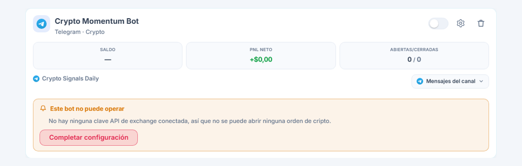 Tarjeta de bot recién creada en el panel Mis bots: nombre del bot y fuente, lista Este bot no puede abrir operaciones y botón Completar configuración
