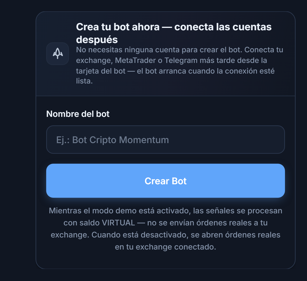 Panel Crea tu bot ahora: campo Nombre del bot y botón Crear Bot
