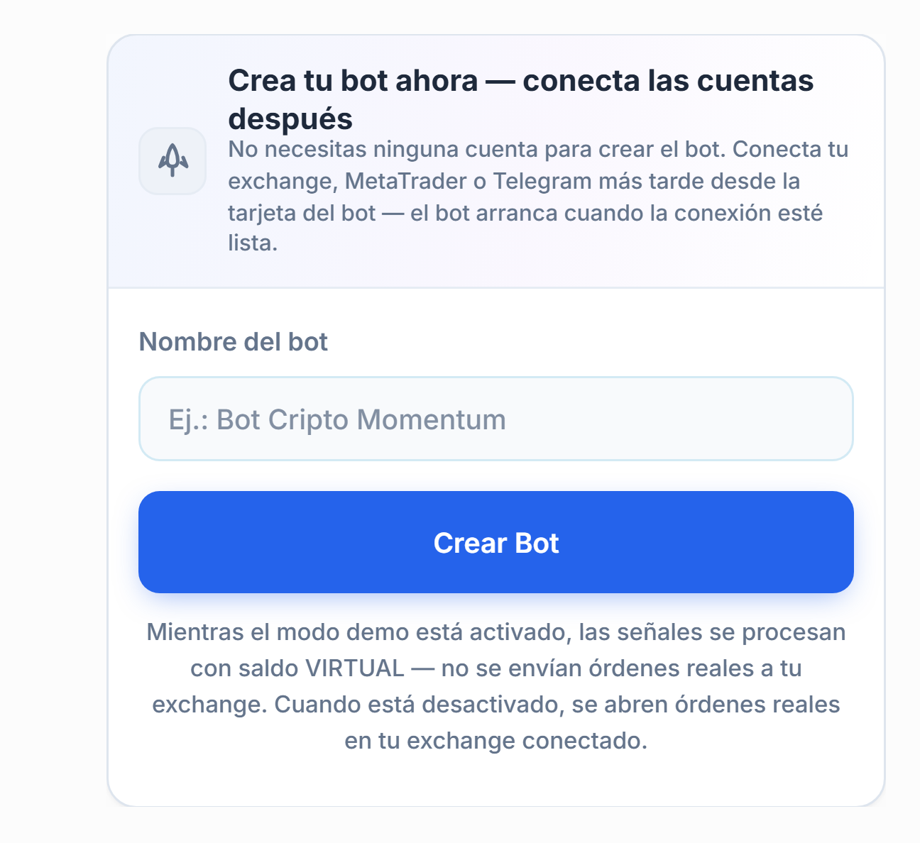 Panel Crea tu bot ahora: campo Nombre del bot y botón Crear Bot