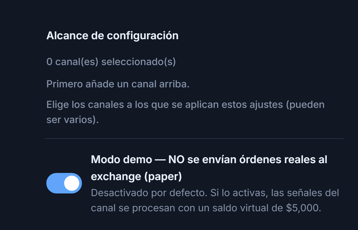 Parte superior de Configuración de Cripto: Alcance de configuración (0 canales seleccionados) e interruptor de modo Demo desactivado