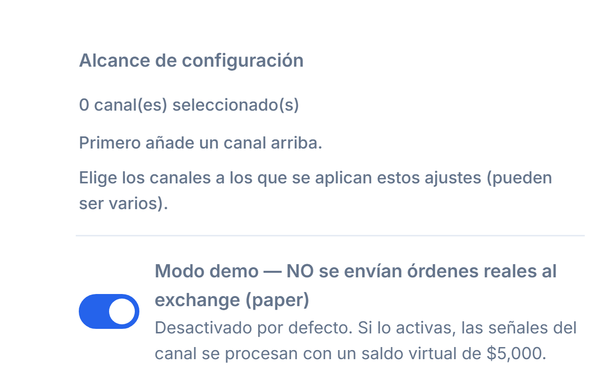 Parte superior de Configuración de Cripto: Alcance de configuración (0 canales seleccionados) e interruptor de modo Demo desactivado