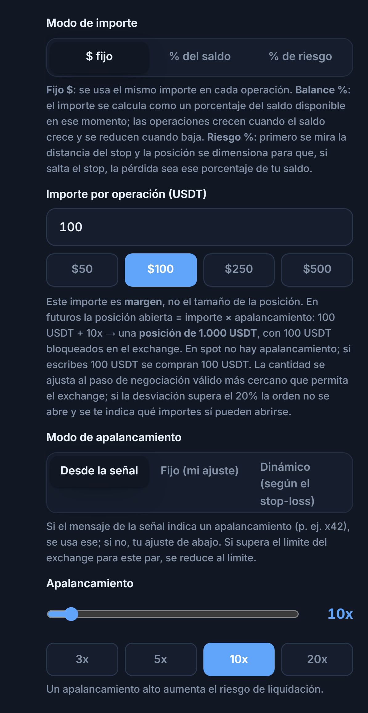 Tamaño de Posición y Apalancamiento: modo dólar fijo, importe por operación, modo de apalancamiento y control deslizante de apalancamiento