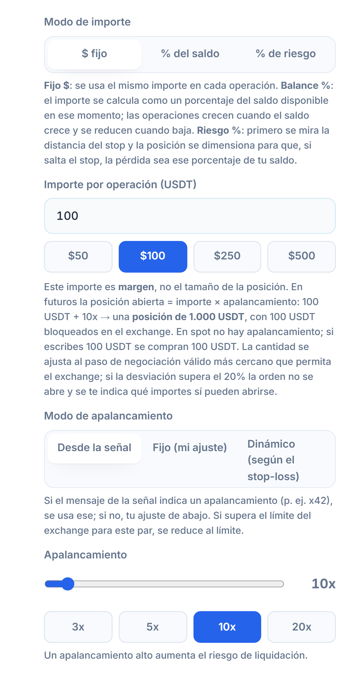 Tamaño de Posición y Apalancamiento: modo dólar fijo, importe por operación, modo de apalancamiento y control deslizante de apalancamiento