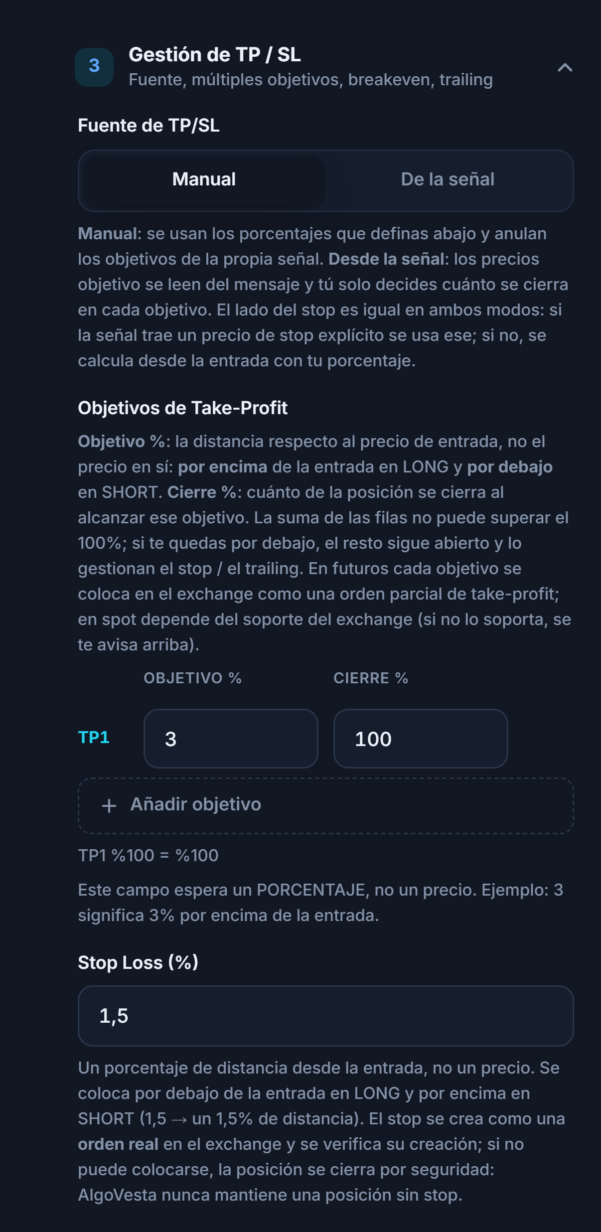 Gestión de TP/SL manual: fuente de TP/SL, tabla de objetivos de Take-Profit, Añadir objetivo y campo de porcentaje de Stop Loss