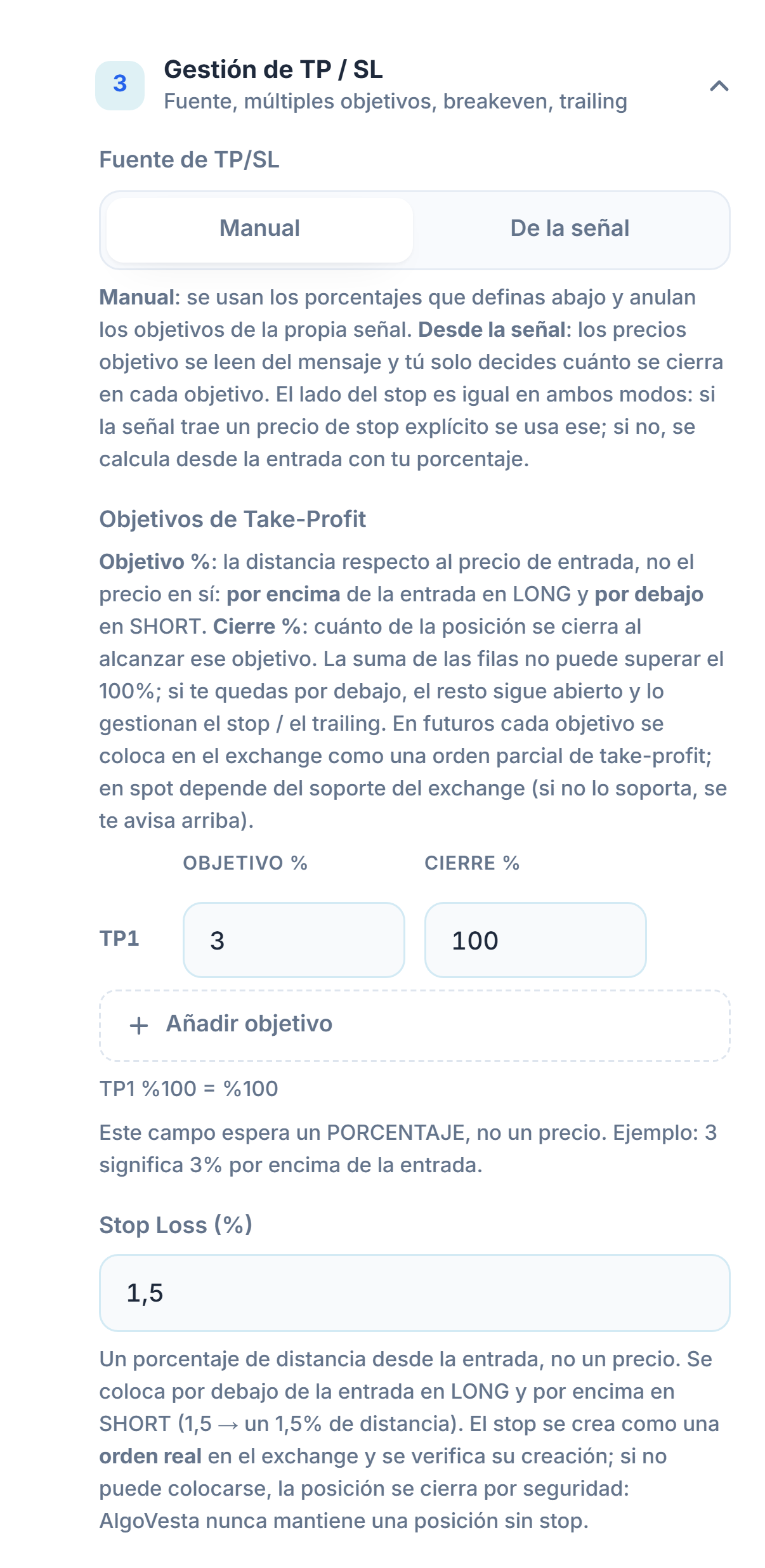 Gestión de TP/SL manual: fuente de TP/SL, tabla de objetivos de Take-Profit, Añadir objetivo y campo de porcentaje de Stop Loss