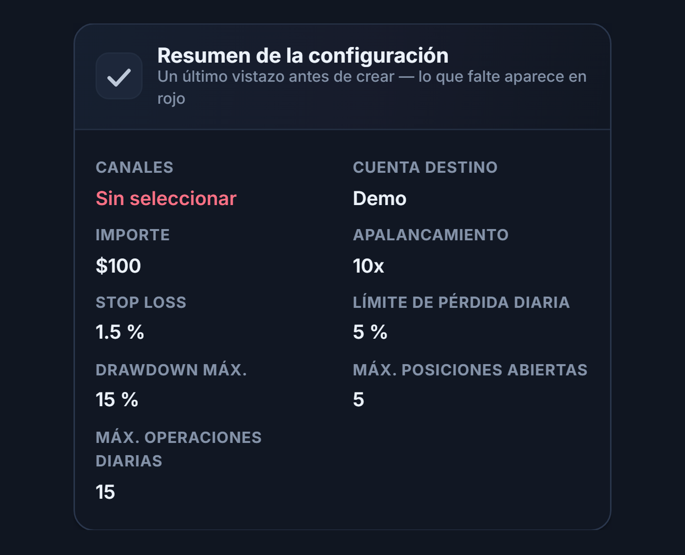 Resumen de configuración: campo Canal en rojo con No seleccionado, campo Cuenta destino con el texto Demo