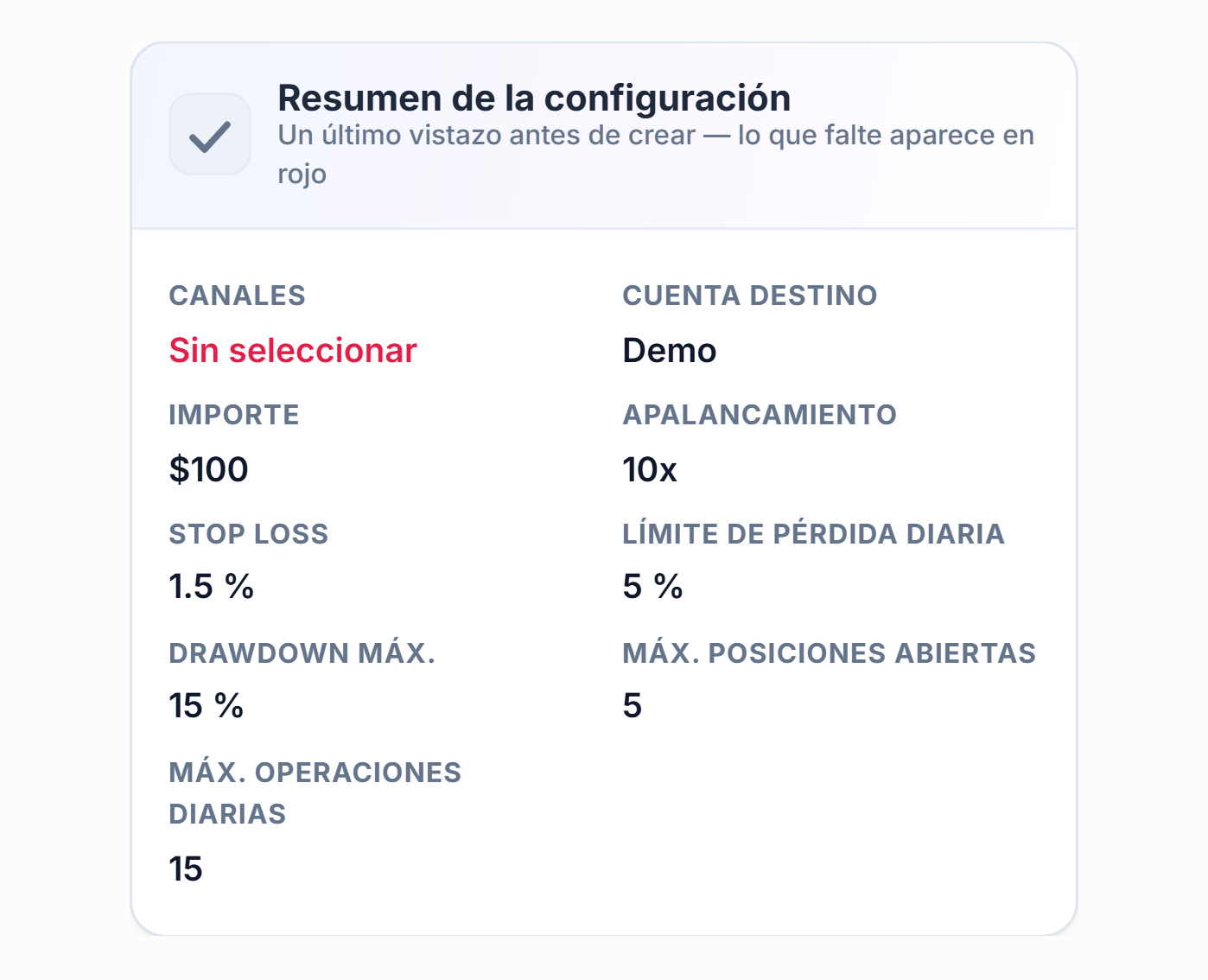 Resumen de configuración: campo Canal en rojo con No seleccionado, campo Cuenta destino con el texto Demo