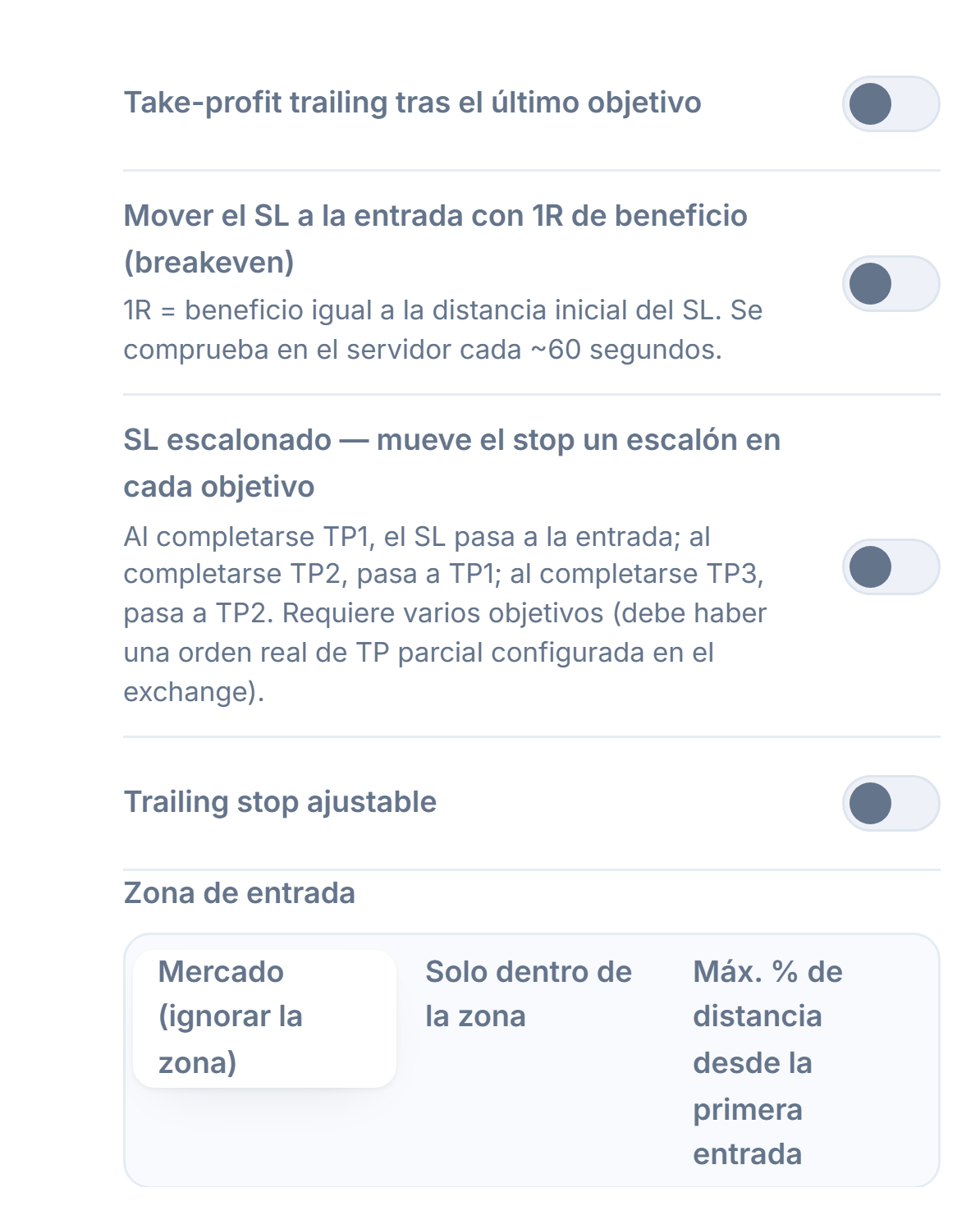Columna Gestión de SL/TP: take-profit trailing, breakeven, SL en escalera, trailing stop ajustable con campos de activación/retroceso, Zona de entrada