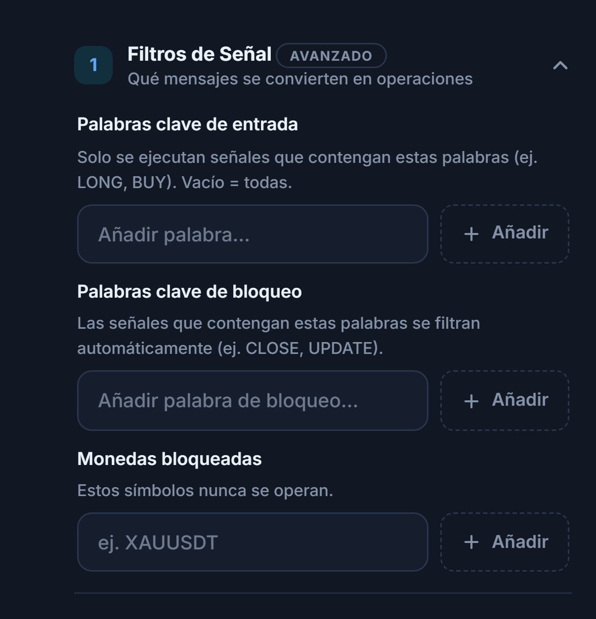 Filtros de Señal: Palabras clave de entrada, Palabras clave de bloqueo y Monedas bloqueadas