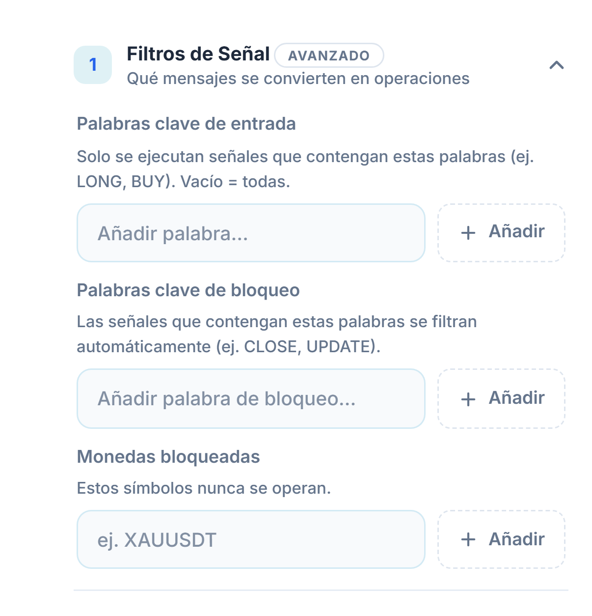 Filtros de Señal: Palabras clave de entrada, Palabras clave de bloqueo y Monedas bloqueadas