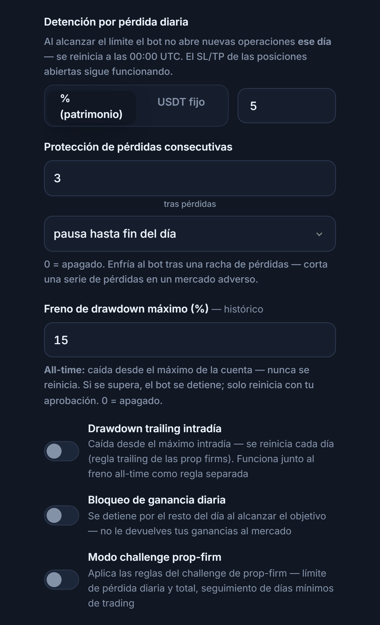 Escudo de Protección avanzado, columna de pérdidas: pérdida diaria, pérdidas consecutivas, drawdown máx., drawdown trailing intradía, límite de caída intradía y hora de reinicio, bloqueo de ganancia diaria