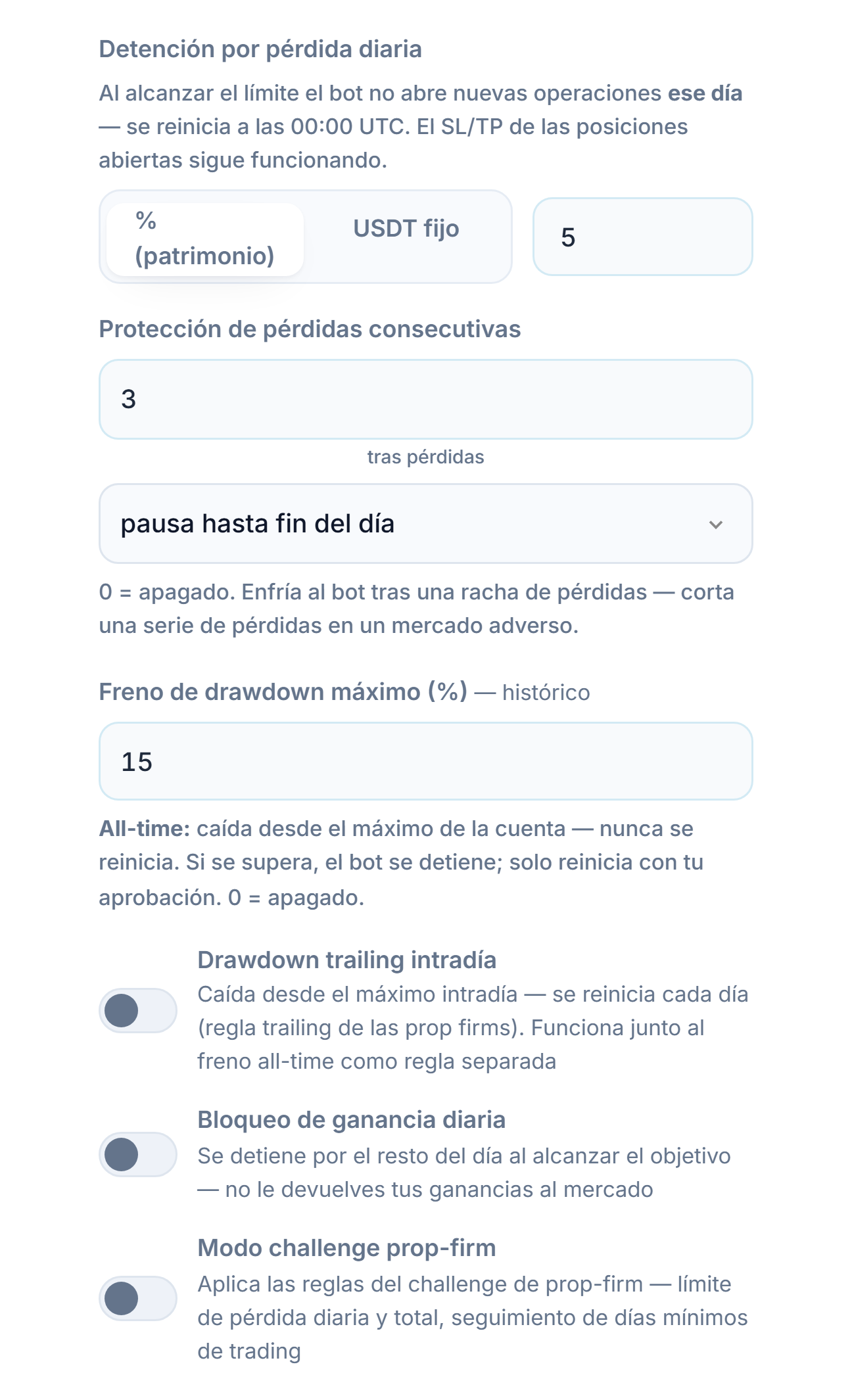 Escudo de Protección avanzado, columna de pérdidas: pérdida diaria, pérdidas consecutivas, drawdown máx., drawdown trailing intradía, límite de caída intradía y hora de reinicio, bloqueo de ganancia diaria
