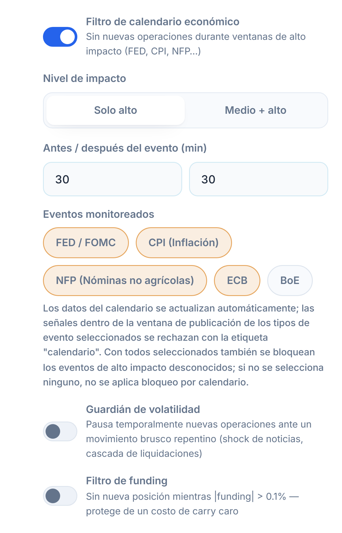 Escudo de Protección, columna de mercado: filtro de calendario económico, nivel de impacto, minutos antes y después del evento, eventos monitoreados, guardián de volatilidad y filtro de funding