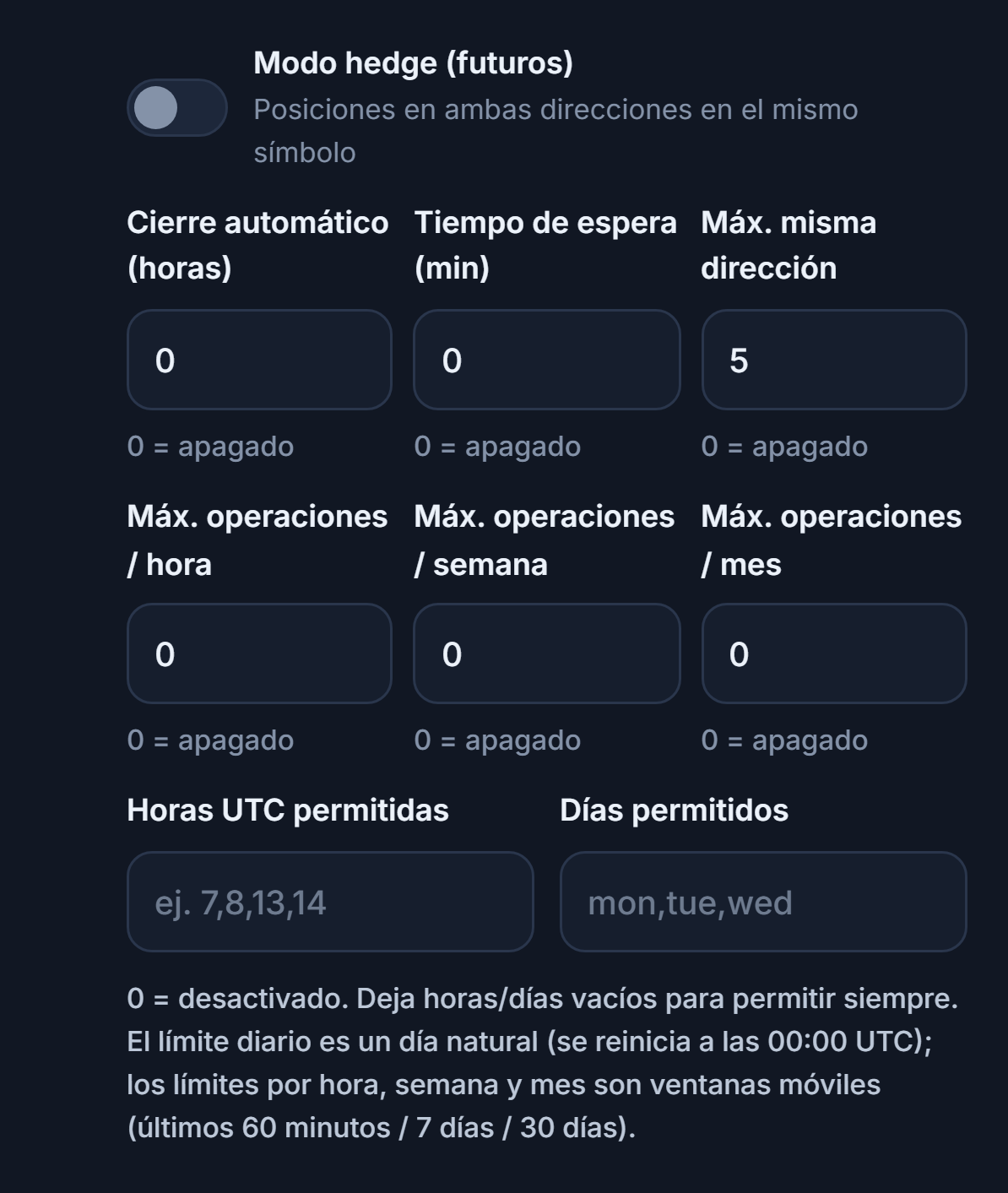 Ejecución Avanzada: Modo hedge, Cierre automático, Tiempo de espera, Máx. misma dirección, límites de operaciones por hora, semana y mes, Horas UTC permitidas y Días permitidos