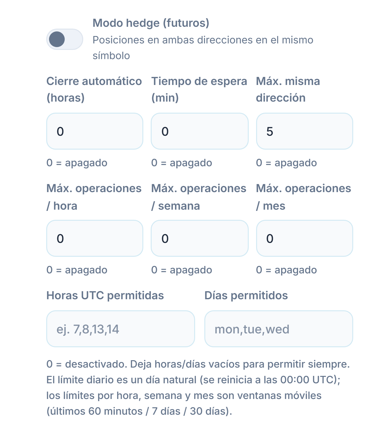 Ejecución Avanzada: Modo hedge, Cierre automático, Tiempo de espera, Máx. misma dirección, límites de operaciones por hora, semana y mes, Horas UTC permitidas y Días permitidos