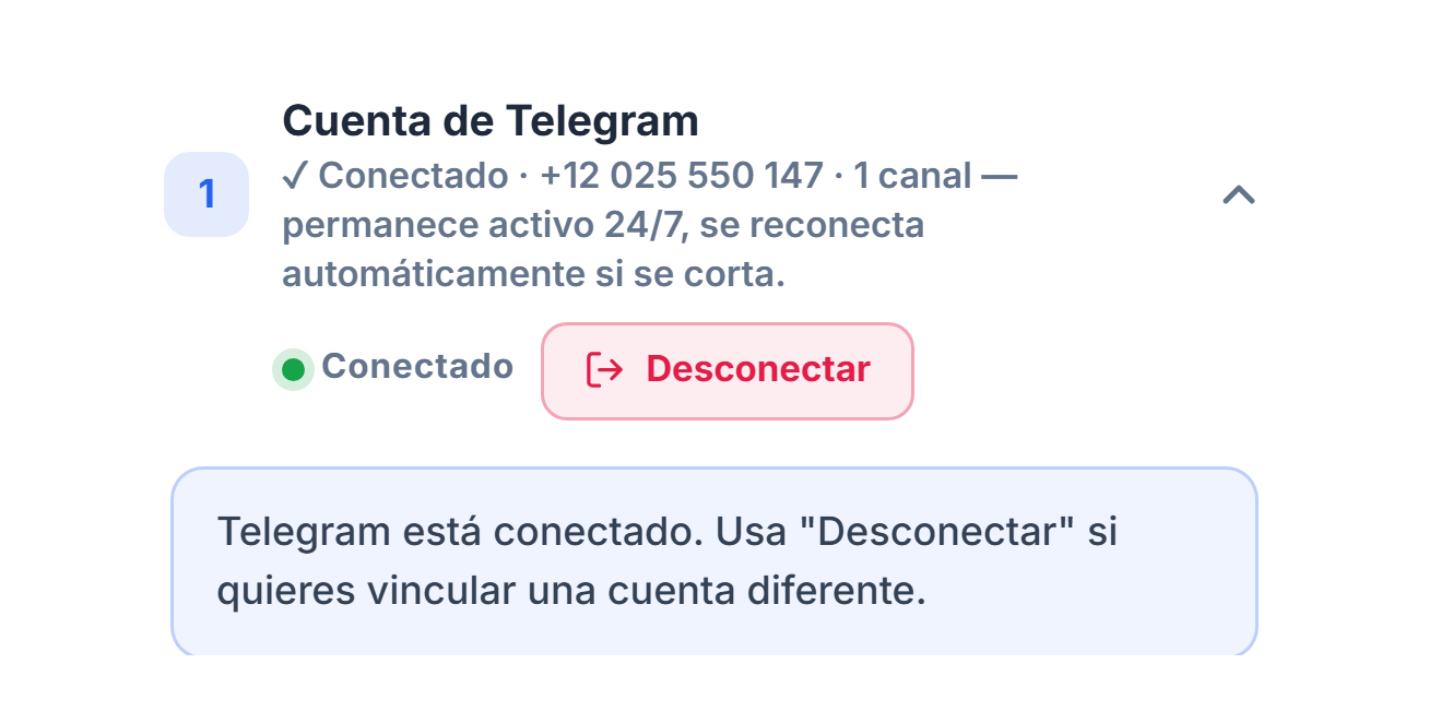 Sección Cuenta de Telegram ya conectada: insignia verde Conectado, botón Desconectar y nota de Telegram conectado