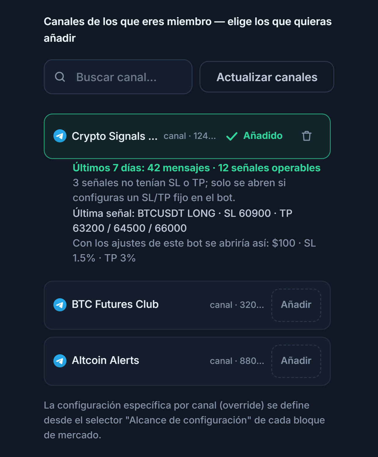 Sección Canales de señales tras conectar: cuadro de búsqueda de canales, botón Actualizar canales, canales con botón Agregar, marca Agregado en un canal añadido y debajo la ficha de 7 días del canal