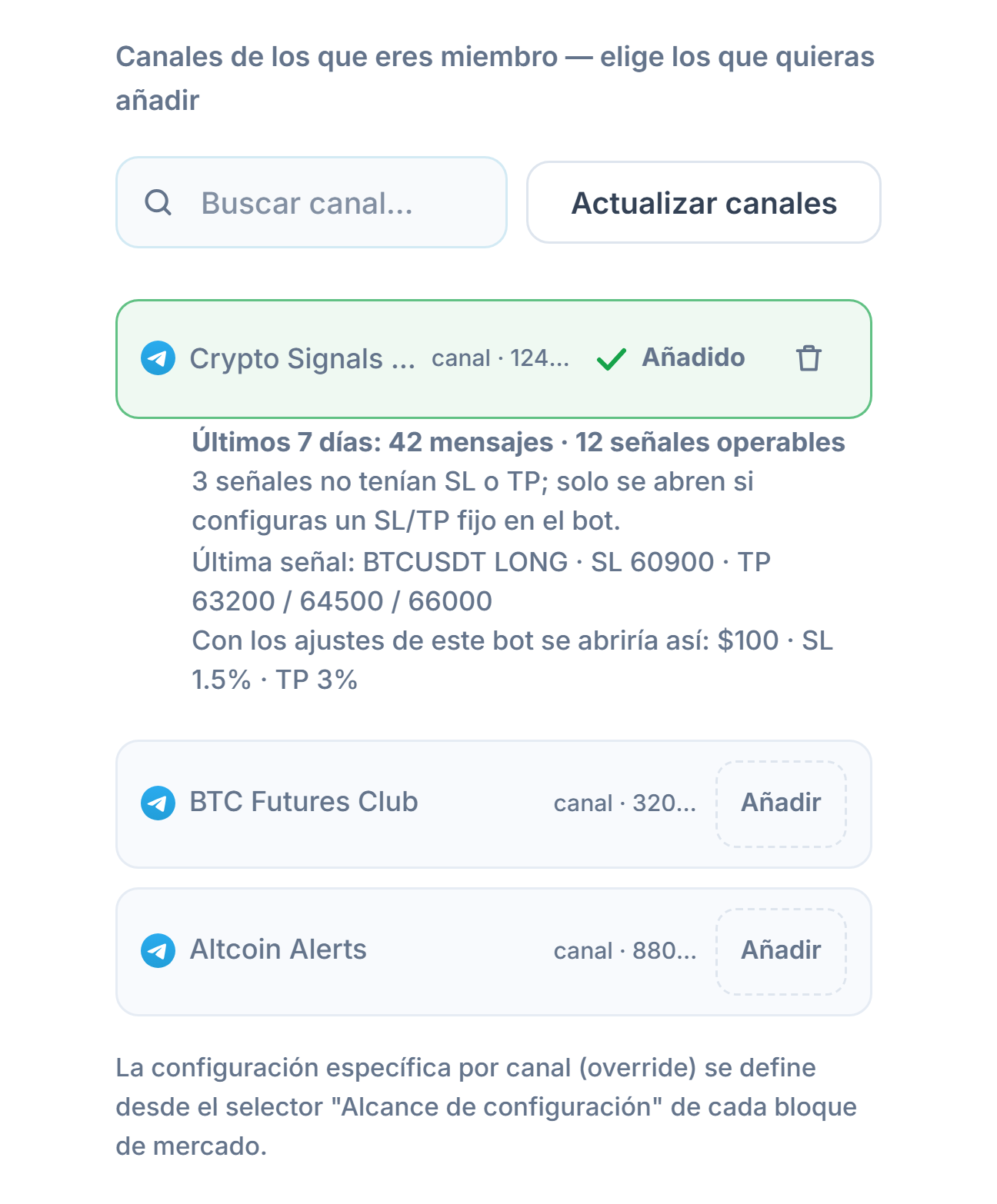 Sección Canales de señales tras conectar: cuadro de búsqueda de canales, botón Actualizar canales, canales con botón Agregar, marca Agregado en un canal añadido y debajo la ficha de 7 días del canal
