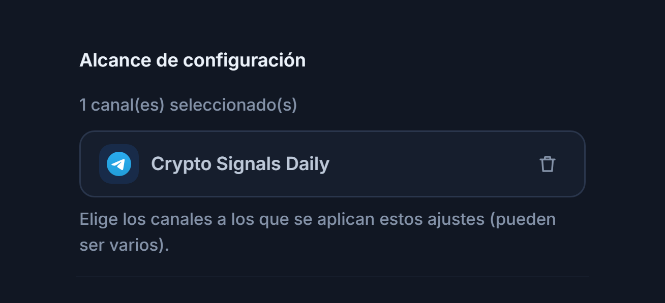 Sección Alcance de configuración tras añadir un canal: contador de 1 canal seleccionado, chip del canal seleccionado con marca verde y botón para eliminarlo en el chip
