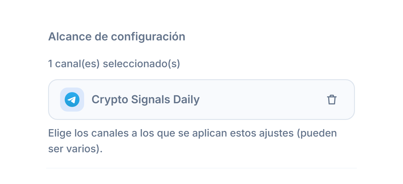 Sección Alcance de configuración tras añadir un canal: contador de 1 canal seleccionado, chip del canal seleccionado con marca verde y botón para eliminarlo en el chip