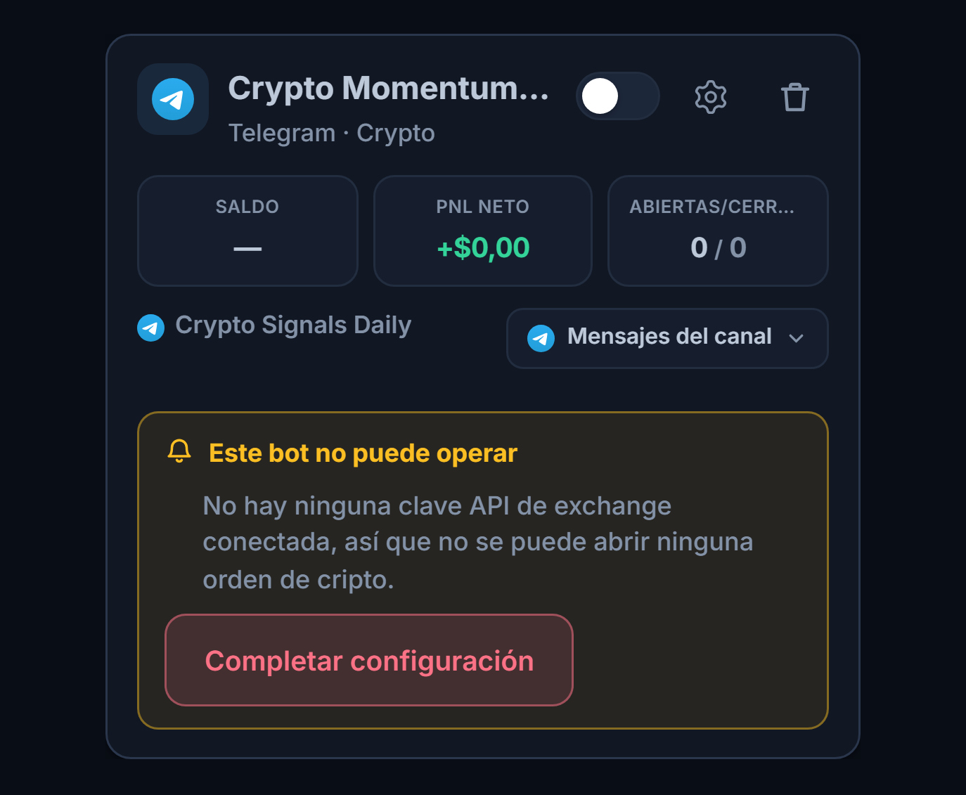 Tarjeta de bot recién creada en el panel Mis bots: nombre del bot y fuente, lista Este bot no puede abrir operaciones y botón Completar configuración