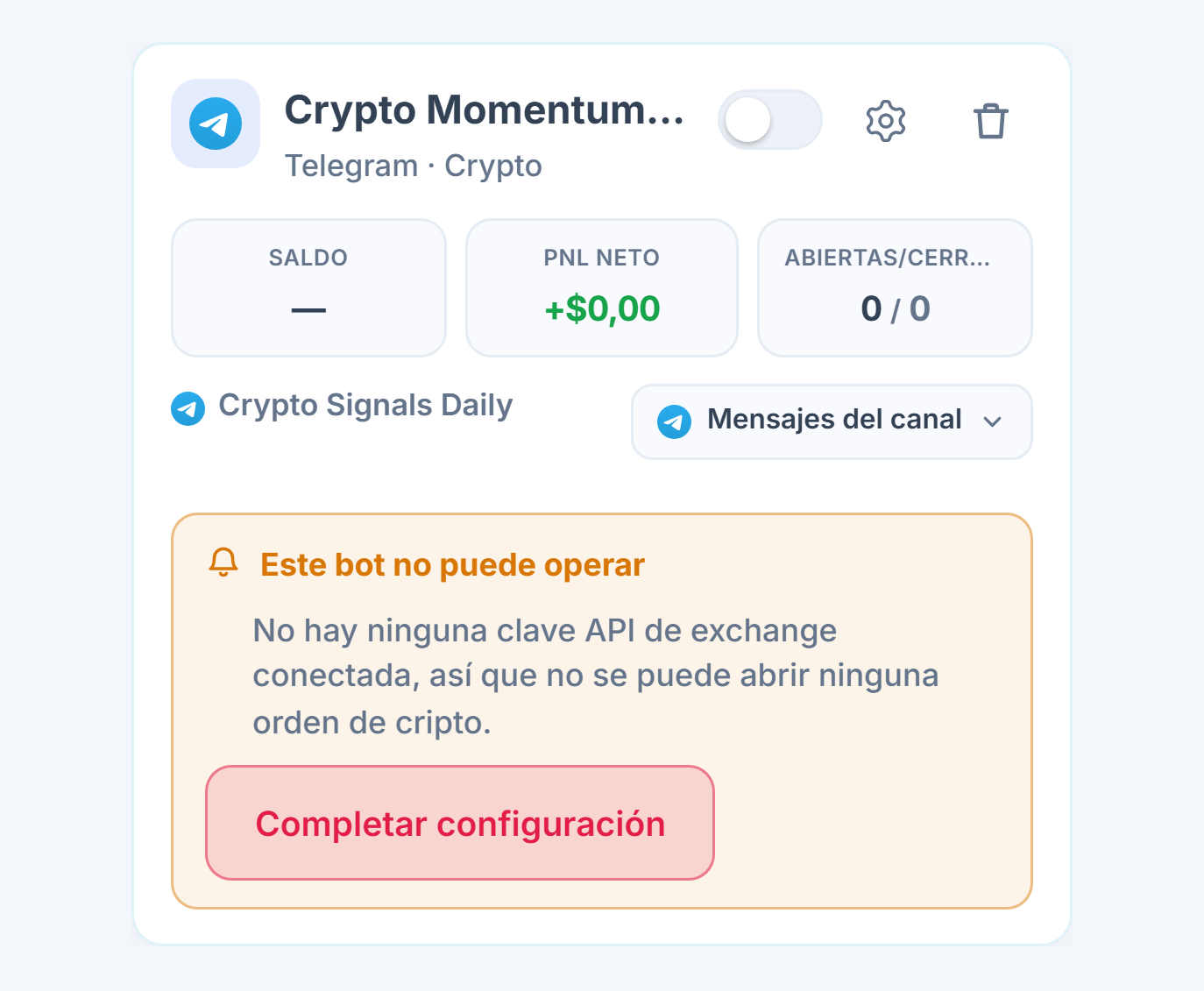 Tarjeta de bot recién creada en el panel Mis bots: nombre del bot y fuente, lista Este bot no puede abrir operaciones y botón Completar configuración