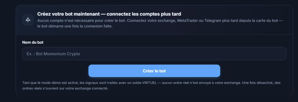 Panneau Créer votre bot maintenant : champ Nom du bot et bouton Créer le bot