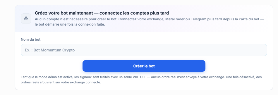 Panneau Créer votre bot maintenant : champ Nom du bot et bouton Créer le bot