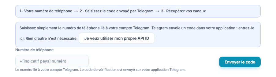 Connexion Telegram : barre d'étapes, champ Numéro de téléphone et bouton Envoyer le code