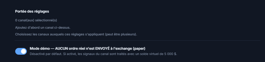 Haut de la Configuration Crypto : Portée des réglages (0 canal sélectionné) et interrupteur du mode Démo désactivé