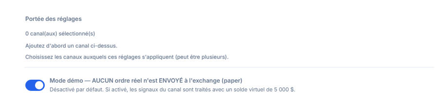 Haut de la Configuration Crypto : Portée des réglages (0 canal sélectionné) et interrupteur du mode Démo désactivé