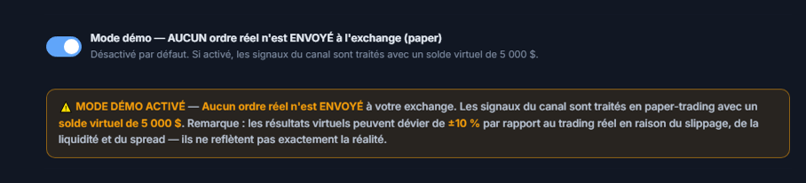 Mode démo activé : interrupteur en position activée et bannière d'avertissement orange MODE DÉMO ACTIVÉ