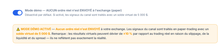 Mode démo activé : interrupteur en position activée et bannière d'avertissement orange MODE DÉMO ACTIVÉ