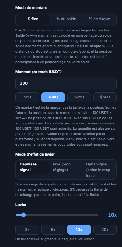 Taille de position et levier : mode dollar fixe, montant par trade, mode d'effet de levier et curseur de levier