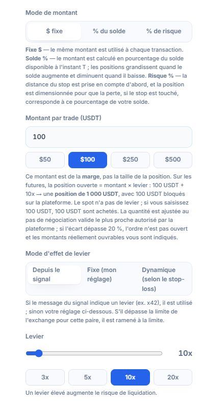 Taille de position et levier : mode dollar fixe, montant par trade, mode d'effet de levier et curseur de levier