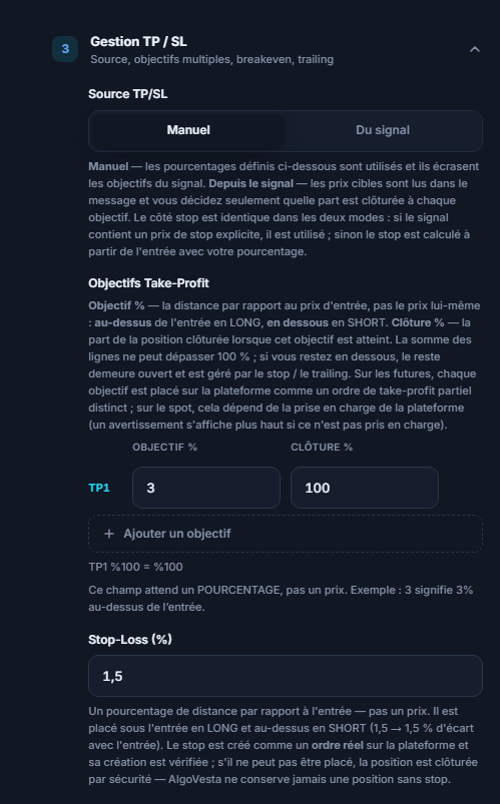 Gestion TP/SL manuelle : source TP/SL, tableau des objectifs Take-Profit, Ajouter un objectif et champ de pourcentage Stop Loss