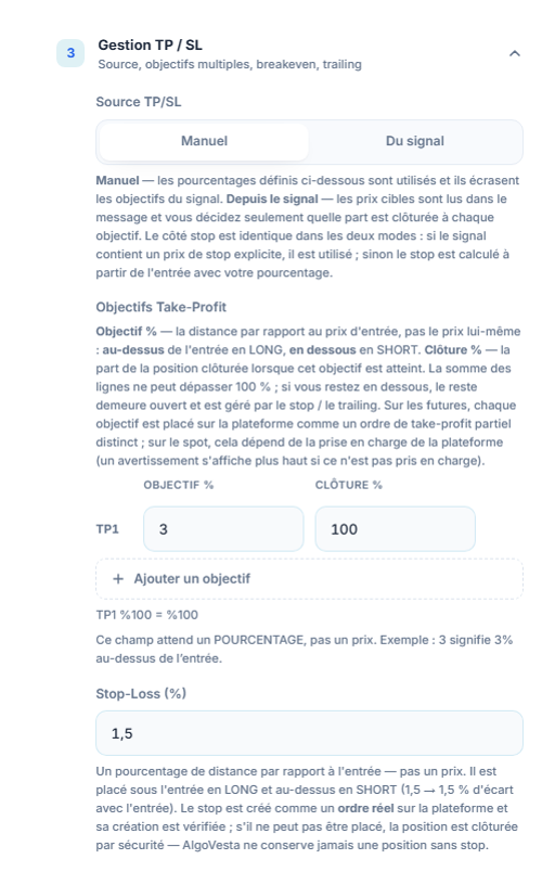 Gestion TP/SL manuelle : source TP/SL, tableau des objectifs Take-Profit, Ajouter un objectif et champ de pourcentage Stop Loss