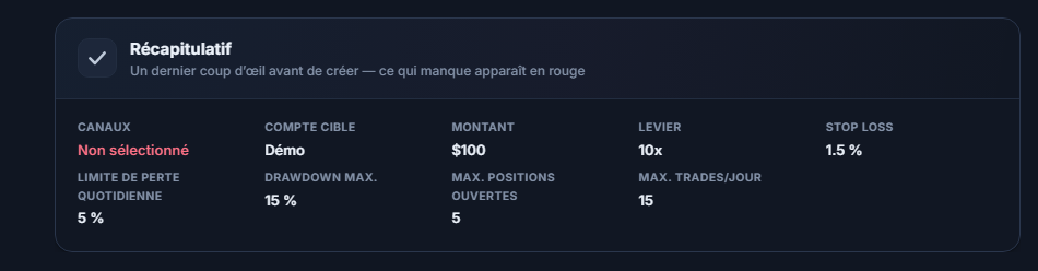 Résumé de configuration : « Non sélectionné » en rouge dans le champ Canal, mention Démo dans le champ Compte cible