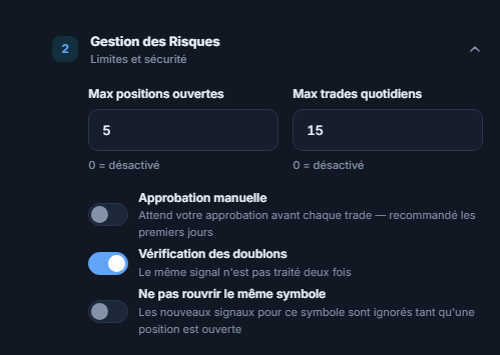 Gestion des risques avancée : max positions et trades quotidiens, Approbation manuelle et avertissement rouge, Vérification des doublons, Ne pas rouvrir le même symbole, Temps d'attente avant clôture en minutes