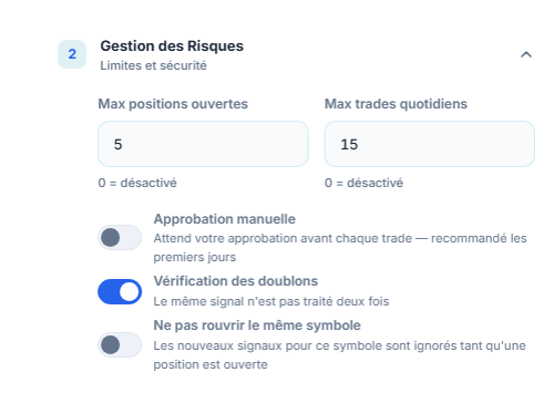 Gestion des risques avancée : max positions et trades quotidiens, Approbation manuelle et avertissement rouge, Vérification des doublons, Ne pas rouvrir le même symbole, Temps d'attente avant clôture en minutes