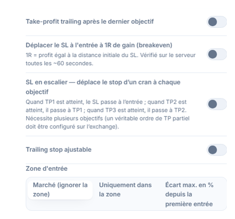 Colonne de gestion SL/TP : trailing take-profit, breakeven, SL en échelle, trailing stop ajustable et champs d'activation/repli, Zone d'entrée