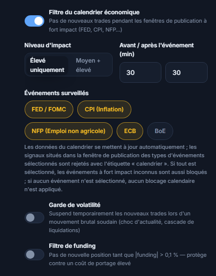 Bouclier de protection, colonne marché : filtre du calendrier économique, niveau d'impact, minutes avant/après l'événement, événements surveillés, garde de volatilité et filtre de funding