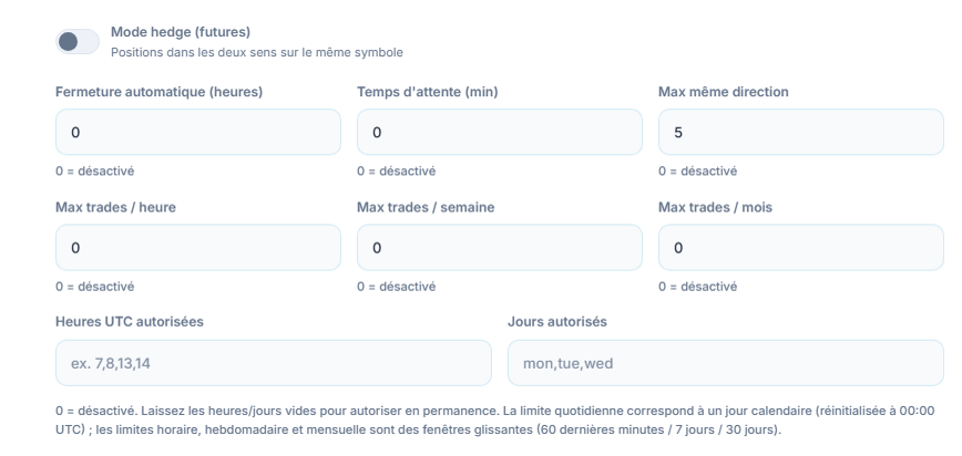 Exécution avancée : mode hedge, fermeture automatique, temps d'attente, max même direction, limites de trades horaires, hebdomadaires et mensuelles, heures UTC autorisées et jours autorisés