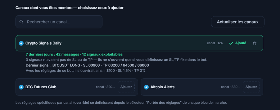Section Canaux de signaux après la connexion : champ de recherche de canal, bouton Actualiser les canaux, canaux avec bouton Ajouter, marque Ajouté sur un canal ajouté et, en dessous, le bilan de canal sur 7 jours