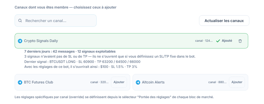 Section Canaux de signaux après la connexion : champ de recherche de canal, bouton Actualiser les canaux, canaux avec bouton Ajouter, marque Ajouté sur un canal ajouté et, en dessous, le bilan de canal sur 7 jours