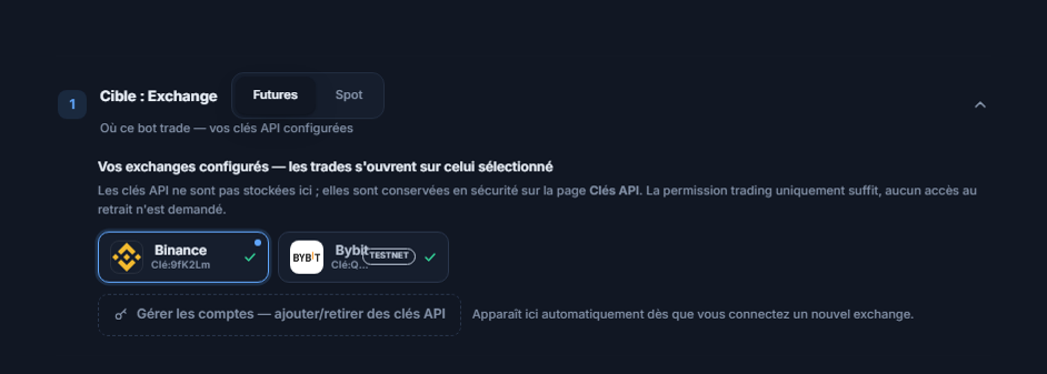 Section Cible : Exchange après la connexion d'une clé API : choix Futures/Spot, carte Binance sélectionnée avec cadre bleu, carte Bybit avec badge TESTNET et lien Gérer les comptes